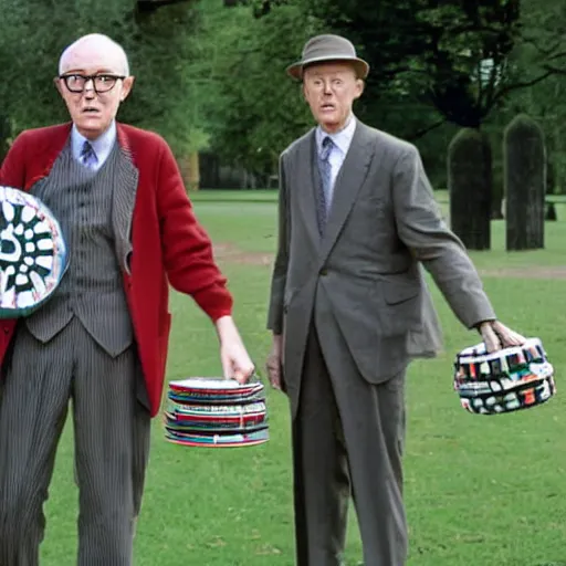 Prompt: gilbert and george playing with frisbees, in the park, where's wally