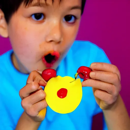Prompt: a photo of a person eating a cherry item from the pacman series