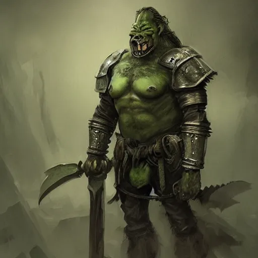Prompt: handsome green orc wearing medieval suit of armor, illustration, concept art, art by wlop, dark, moody, dramatic