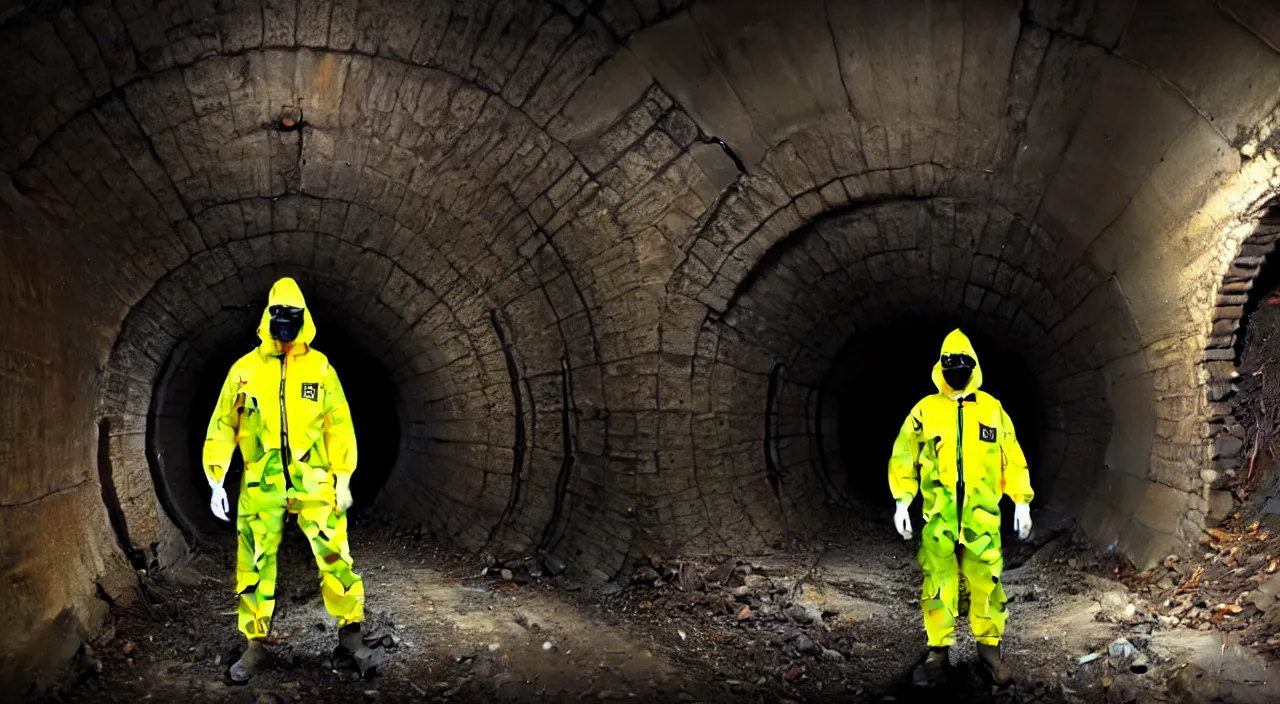 Image similar to a single man in hi viz hazmat suit wanders around a crumbling victorian london sewer, stunning render, high octane, 3 d, cinematic lighting