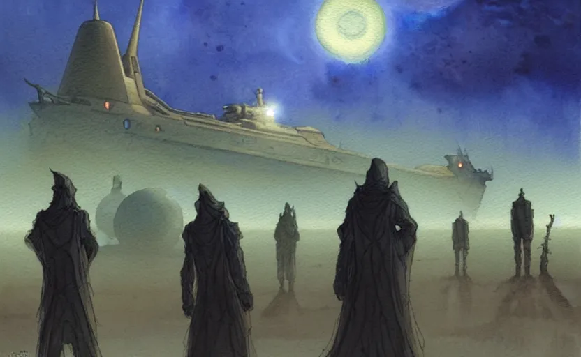 Prompt: a hyperrealist watercolour character concept art portrait of a tall elegant lovecraftian alien on a misty night in the desert. a small group of middle eastern men are watching from the foreground. a battlecruiser starship is in the background. by rebecca guay, michael kaluta, charles vess and jean moebius giraud