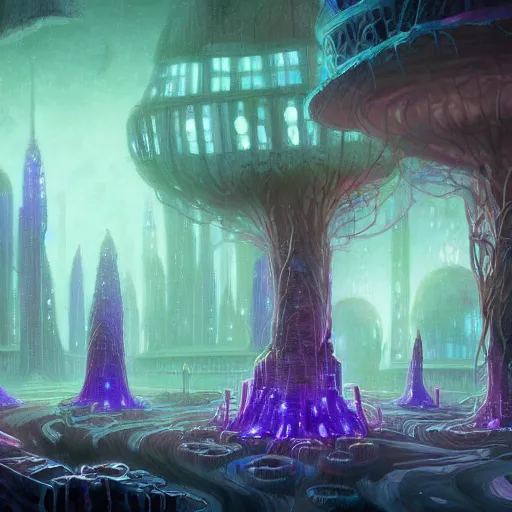 Image similar to concept art detailed painting of a dark purple fungal fairytale city made of mushrooms, with glowing blue lights, in the style of jordan grimmer and neil blevins and wayne barlowe
