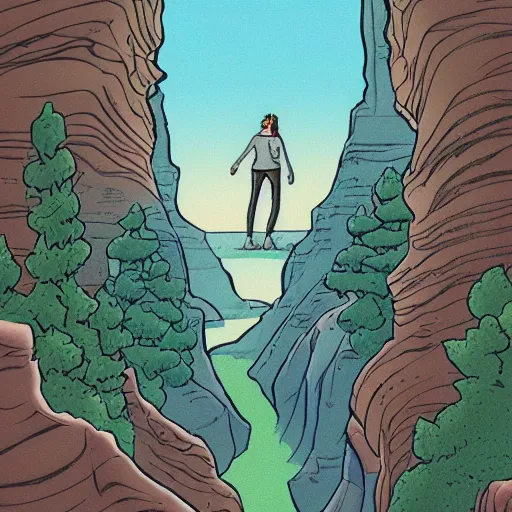 Image similar to a drawing of a person standing in a canyon, an album cover by alson s. clark, tumblr contest winner, underground comix, concert poster, official art, poster art
