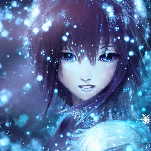 Image similar to portrait focus of knight beautiful 3D anime girl, silver Frozen ice armor wearing, dark forest background, snowing, bokeh, inspired by Masami Kurumada, digital painting, high contrast, unreal engine render, volumetric lighting, high détail