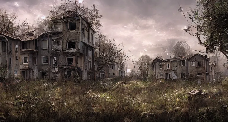 Image similar to Abandoned russian tract housing, overgrown, post apocalyptic, epic lighting, trending on artstation