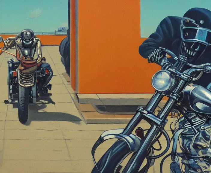 Prompt: a very detailed painting of a skeleton wearing a leather jacket, riding a motorbike, harley davidson motorbike, worm's - eye view, very fine brush strokes, very aesthetic, very futuristic, in the style of edward hopper and grant wood and syd mead, 4 k,