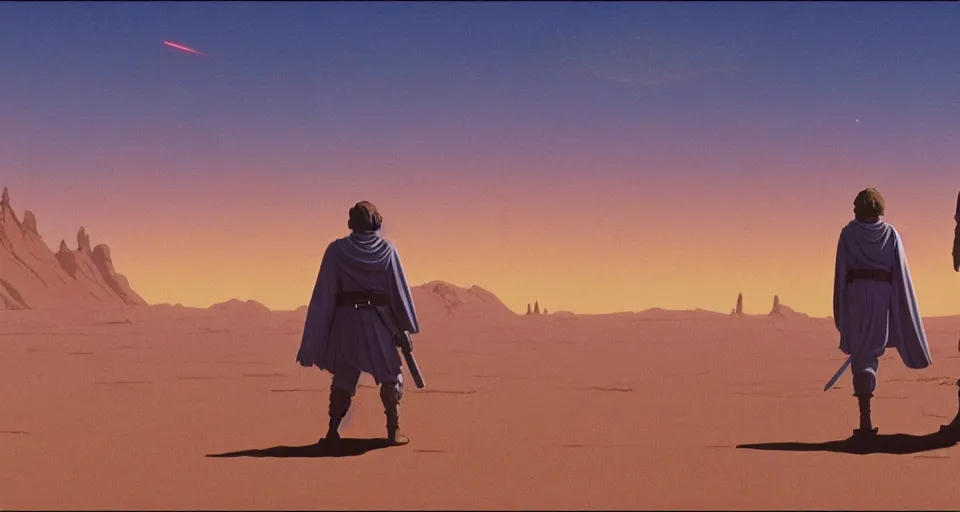 Image similar to beautiful wide shot tatooine landscape, obi wan kenobi, Luke skywalker, Star Wars a new hope 1977, studio ghibli, Miyazaki, Greg rutkowski, Jean girard, Moebius , animation, golden hour, highly detailed, 70mm