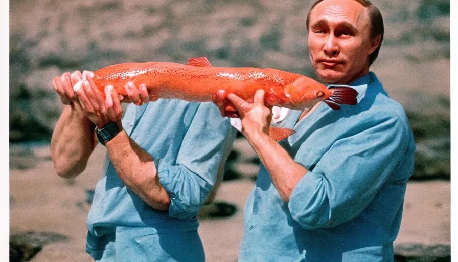 Image similar to 7 0 s movie still of putin in speedo, proudly holding a salmon, focus on eyes. cinestill 8 0 0 t _ 3 5 mm eastmancolor, heavy grain, high quality, high detail