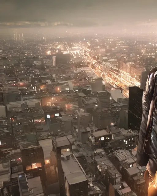 Image similar to a night rooftop scene, light from traffic in the city below, close up shot of a gangster wearing a streetwear trench coat looking at the city below, unreal engine, realistic shading, cinematic composition, in the style of Liam Wong and Makoto Shinkai