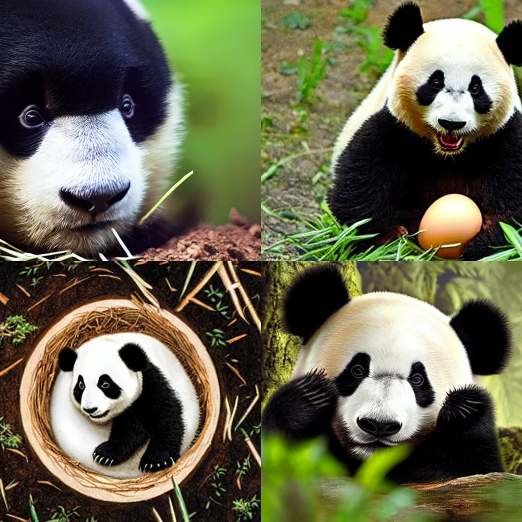 Prompt: a panda bear hatching from an egg
