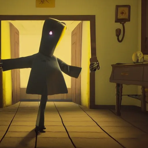 Image similar to quentin tarantino as an enemy in the video game little nightmares, unity render