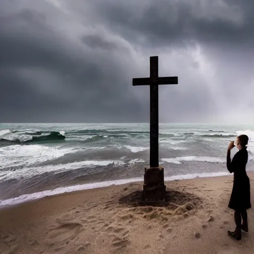 Image similar to a highly detailed matte painting of a large cross standing on the beach as a storm comes in with the tide, woman in a chair watching the ocean, epic fantasy, god rays, rocky beach, ultrawide lense, aerial photography, unreal engine, exquisite detail, 8 k, art by greg rutkowski and alphonse mucha