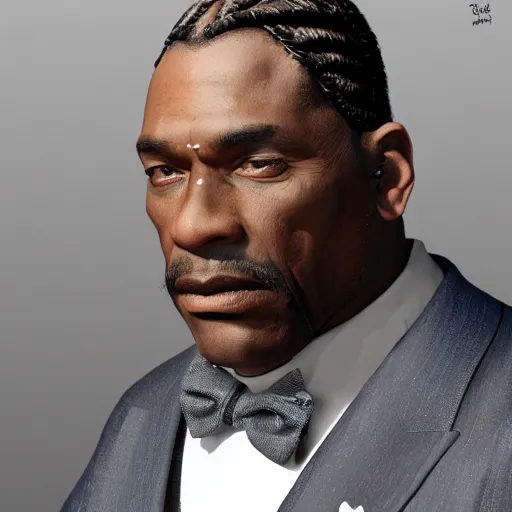 Image similar to a portrait of a muscular older black man with cornrows and a purple suit with a monocle on, D&D, sci-fi, elegant, hopeful, muscular, highly detailed, digital painting, artstation, concept art, smooth, sharp focus, illustration