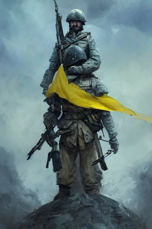 Prompt: a distant shot of a Ukrainian Battlefield 5 soldier with blue and yellow flag standing alone on a huge pile of skulls as a winner, masculine figure, D&D, fantasy, intricate, elegant, highly detailed, extremely detailed, digital painting, artstation, concept art, matte, sharp focus, symmetrical, illustration, art by Artgerm and Greg Rutkowski and Alphonse Mucha