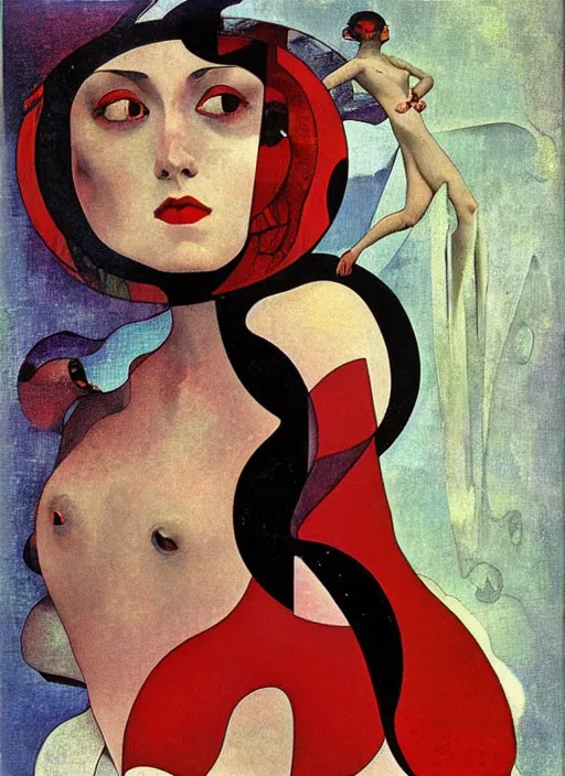 Image similar to girl in a long dress swimming underwater, caustics, surreal Dada collage by Man Ray Kurt Schwitters Hannah Höch Alphonse Mucha, red and black