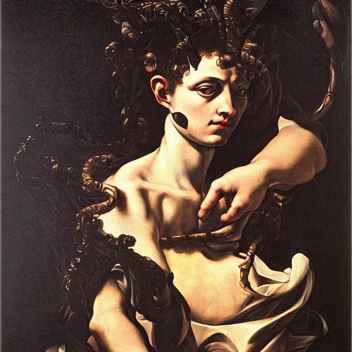 Image similar to Caravaggio-style portrait of Medusa