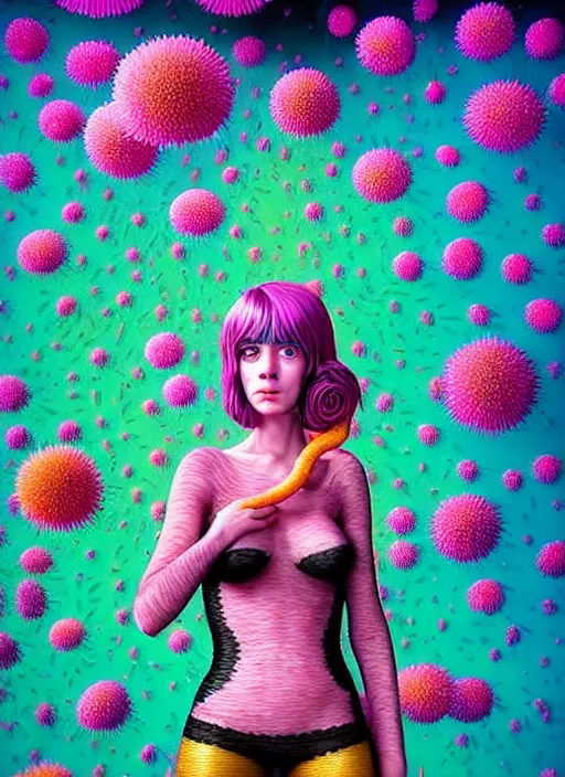 Prompt: hyper detailed 3d render like a Oil painting - Ramona Flowers with wavy black hair wearing thick mascara seen out Eating of the Strangling network of colorful yellowcake and aerochrome and milky Fruit and Her staring intensely delicate Hands hold of gossamer polyp blossoms bring iridescent fungal flowers whose spores black the foolish stars by Jacek Yerka, Mariusz Lewandowski, silly playful fun face, Houdini algorithmic generative render, Abstract brush strokes, Masterpiece, Edward Hopper and James Gilleard, Zdzislaw Beksinski, Mark Ryden, Wolfgang Lettl, Dan Hiller, hints of Yayoi Kasuma, octane render, 8k