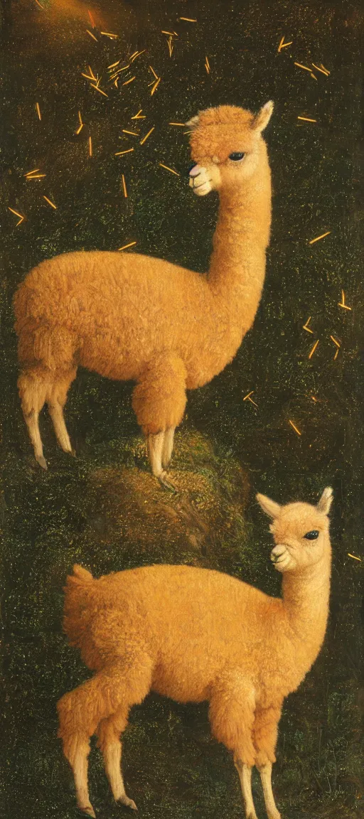 Prompt: detailed renaissance oil painting of an alpaca in the forest of pastel feathers lit by small fireflies at night