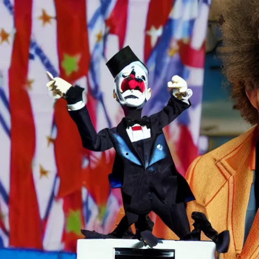 Image similar to mad puppeteer using marionette of a president with clown makeup in a podium