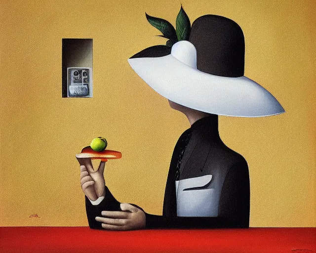 Image similar to a painting of'oh hello there ', an ultrafine detailed painting by rafal olbinski, behance contest winner, pop surrealism, detailed painting, very detailed, minimalist, skeuomorphic, airbrush art