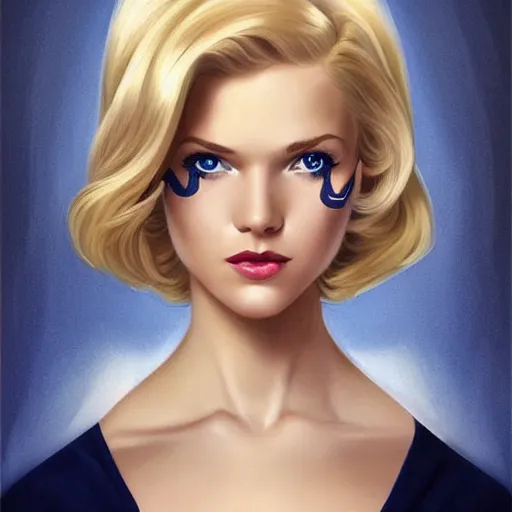 Prompt: a beautiful pin - up portrait of a beautiful cute superhero woman, blonde hair, bob haircut, matte navy - blue bodysuit, white cape, intricate, elegant, 8 k, highly detailed, digital painting, concept art, smooth, sharp focus, illustration, disney, artgerm and loish and wlop and alphonse mucha