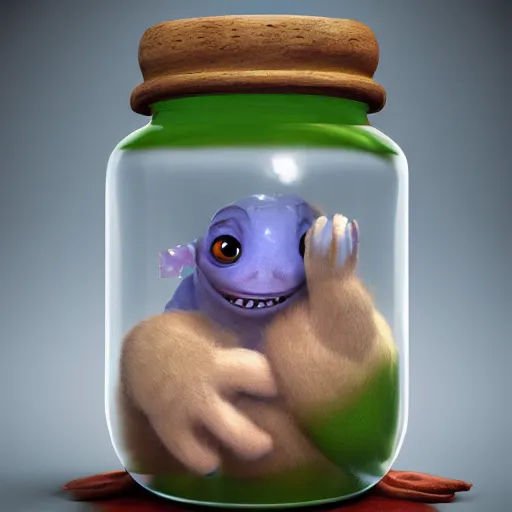 Image similar to cutie creature in a jar, digital art, 3 d, maya render, masterpiece, mega detailed, pixar, disney, vivid illustration, fantasy