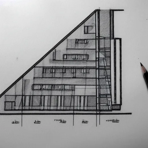 Image similar to schematic drawing of futuristic building with pencils and triangle ruler lying next to the drawing