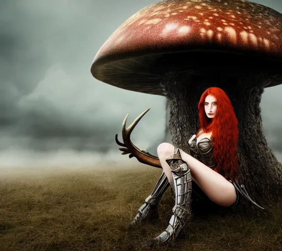 Image similar to a photo of an armored woman warrior redhead with antlers sitting on a giant mushroom that covers a whole village and reaches above the clouds by luis royo. intricate. lifelike. soft light. sony a 7 r iv 5 5 mm. cinematic post - processing