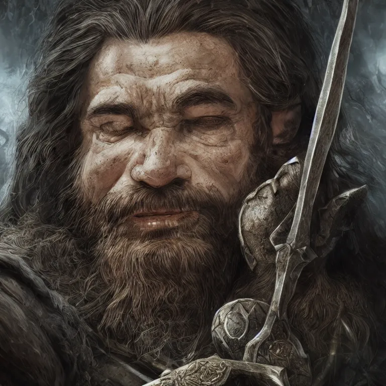 Prompt: handsome dwarf warrior in mountain, lord of the rings style, fantasy, poster, character portrait, portrait, close up, concept art, intricate details, highly detailed, full body, 8 k