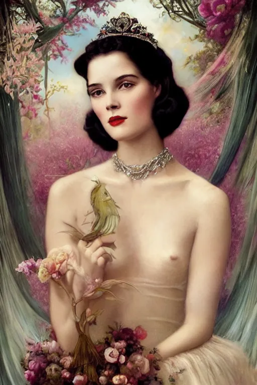 Image similar to A young and extremely beautiful Grace Kelly explaining the birds and the bees by Tom Bagshaw in the style of a modern Gaston Bussière, art nouveau, art deco, surrealism. Extremely lush detail. Melancholic night scene. Perfect composition and lighting. Profoundly surreal. High-contrast lush surrealistic photorealism. Sultry and mischievous expression on her face.