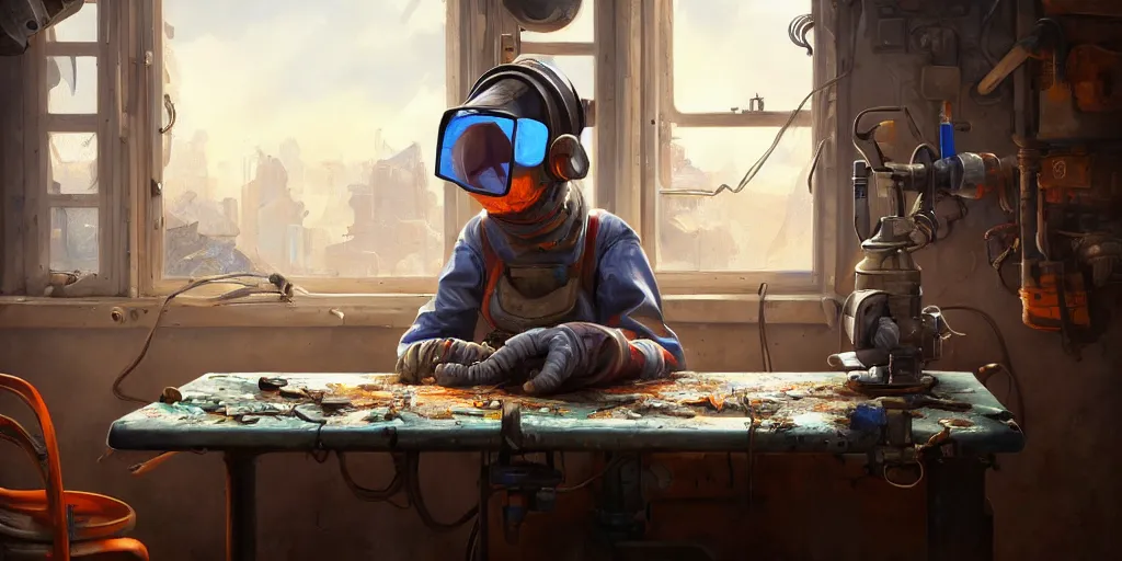 Prompt: highly detailed portrait painting of welder girl, room mono window, table mess, by eddie mendoza and tyler edlin, 8 k resolution