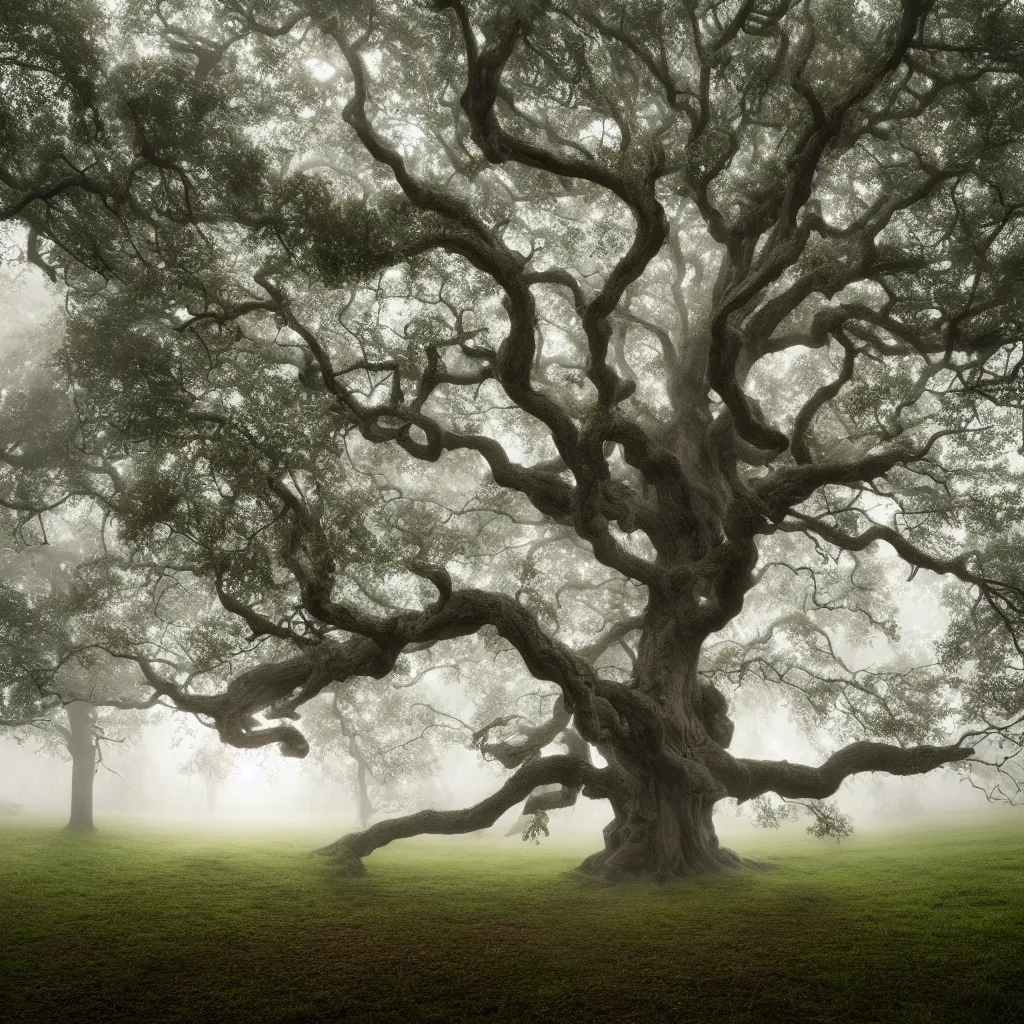 Prompt: old oak tree with one thick trunk with big tree hollow with rope ladder hanging down from the tree hollow, with foliage in four seasons colors, the tree is growing on a meadow, partially covered with morning fog, cinematic lighting, photo realistic image, 4K, super detailed, cinematic look