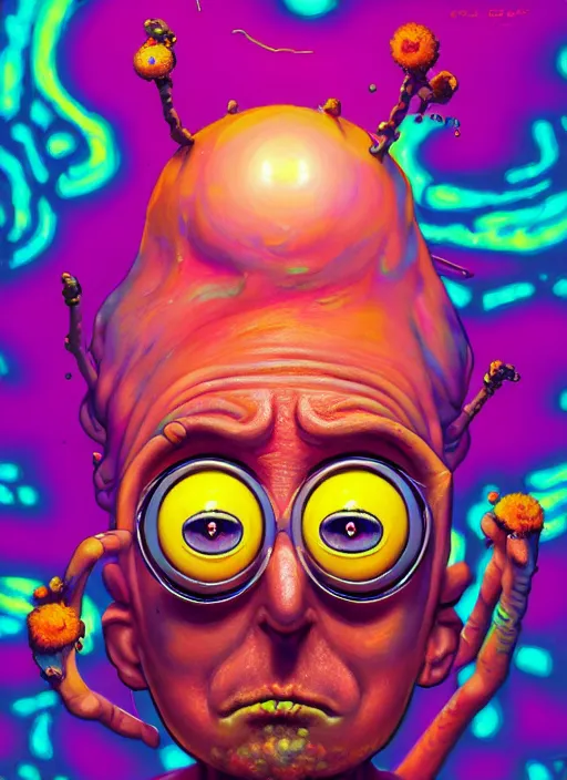 Prompt: A psychedelic portrait of rick and morty minion, digital art by Eugene de Blaas and Ross Tran, vibrant color scheme, highly detailed, in the style of romanticism, cinematic, artstation, Greg rutkowski