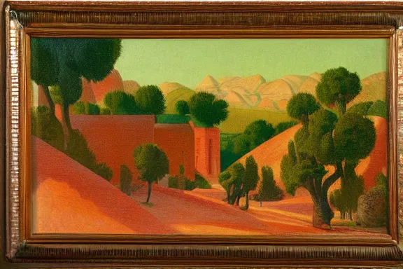 Image similar to a provencal ville on the surface of mars by asher brown durand, ansel adams and jean metzinger, oil on canva, color orange and color green