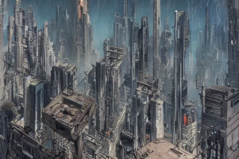 Prompt: comic book illustration, wide view of a very tall structure hovering 10 feet above the ground, the ground below it is scorched and cracked, cyberpunk concept art by Moebius, highly detailed, intricate, sci-fi, sharp focus, Trending on Artstation HQ, deviantart