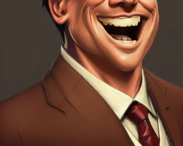 Image similar to close up of ernie sabella smiling wearing a brown suit and necktie, focus, d & d, intricate, elegant, highly detailed, digital painting, artstation, concept art, matte, sharp focus, illustration, hearthstone, art by artgerm and greg rutkowski and alphonse mucha