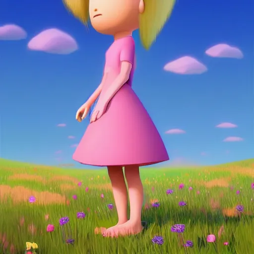 Image similar to organic by goro fujita. a digital art of a young girl with blonde hair, blue eyes, & a pink dress. she is standing in a meadow with flowers & trees.