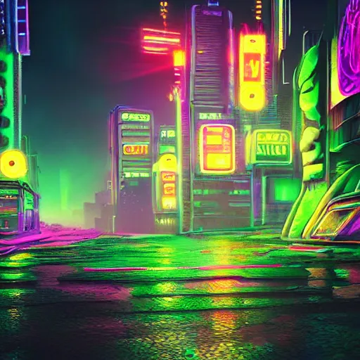 Image similar to Shrek, Cyberpunk, Neon lights, City background, Ultradetailed, Cyborg, Futuristic, Far Future, Sci-fi, 4k