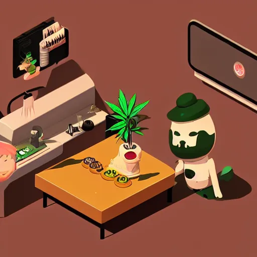 Prompt: cannabis cafe detailed cute characters, isometric fun style rendered, by ren hang, australian style video game still