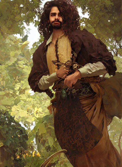 Prompt: medium-length portrait of a male bard with short curly hair and brown eyes, dark brown skin, happy expression, wears a combination of dark green tunic and boiled leather, medieval setting, highly detailed, digital painting, artstation, concept art, sharp focus, illustration, art by greg rutkowski and alphonse mucha