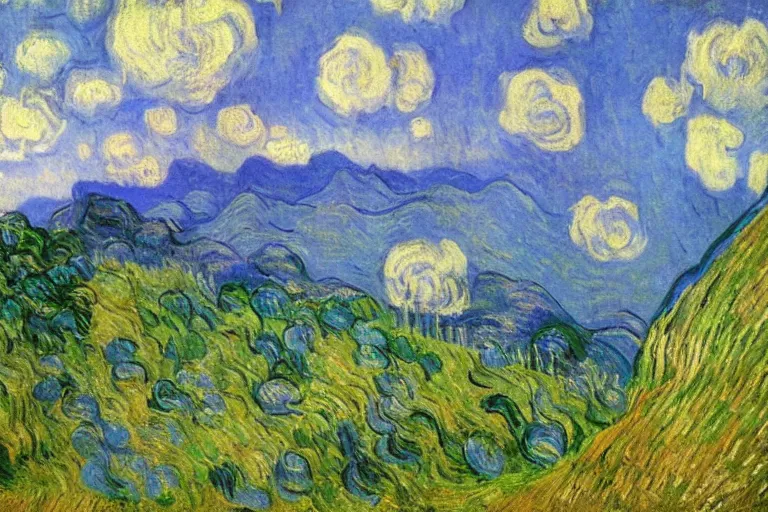 Prompt: beautiful blue mountain in Italy, painted by Monet and Van Gogh and Redon