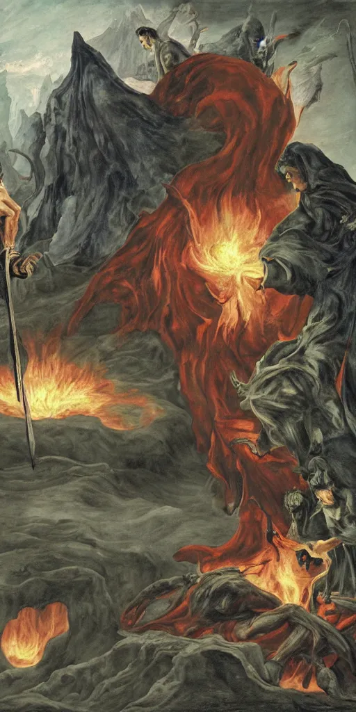 Prompt: taxodermized dante and vergil in hell, landscape, year 2 0 2 2