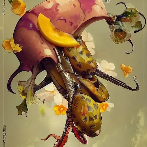 Prompt: surrealistic butterfly squid mango anana pinneapple buffet with flowers and guns, art by greg rutkowski and alphonse mucha