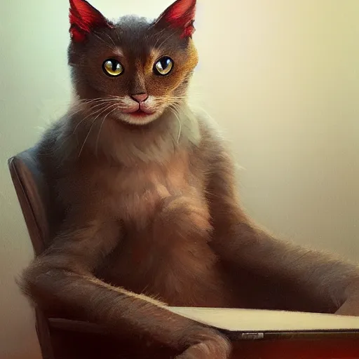 Prompt: anthropomorphic cat sitting in a chair using a laptop, painting, by greg rutkowski and igor kieryluk, photo realistic, dynamic lighting, artstation, poster, volumetric lighting, very detailed face, 8 k, award winning