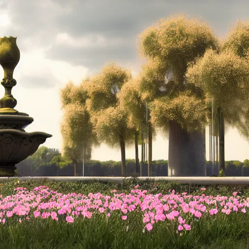 Image similar to 8k, octane render, realism, tonalism, renaissance, rococo, baroque, empty renaissance park, pink flowers, chaotic gold leaf flowers