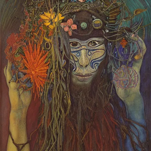 Prompt: masterpiece painting of a dark flower shaman, by annie swynnerton and jean delville and tino rodriguez and diego rivera, facemask made of flowers, art brut, outsider art, symbolist, dramatic lighting, god rays, elaborate geometric ornament, clean crisp graphics, smooth sharp focus, extremely detailed, adolf wolfli