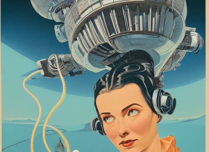 Image similar to portrait of a woman with swirling hair, illustration by Chesley Bonestell retrofuturism, reimagined by industrial light and magic