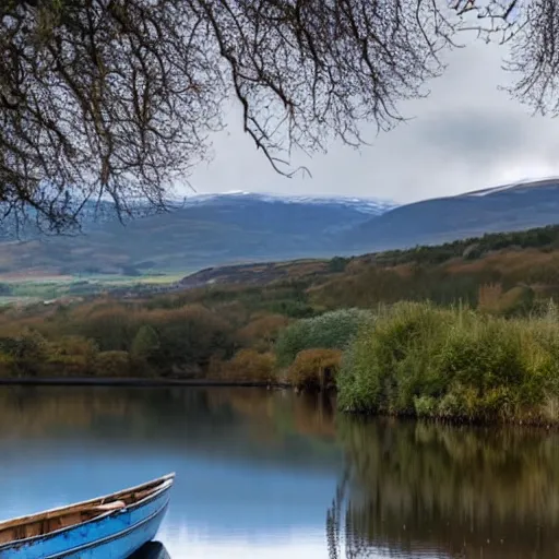 Image similar to a cinematic shot of an old blue rowing boat at the side of a still loch with the reflection of the trees and high scottish mountains visible reflecting in the water and a large house barely visible in the distance on the opposite side of the water through a gap in the trees