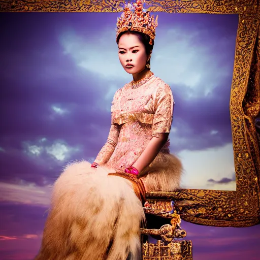 Prompt: portrait photography of indonesian princess of the dawn, beautiful woman, elegant, celebration costume, jewellery, sitting in the throne, highly detailed, hyper realistic, dramatic sky, dawn, pastel, deep gaze, pretty face, glowing, in the style of annie leibovitz