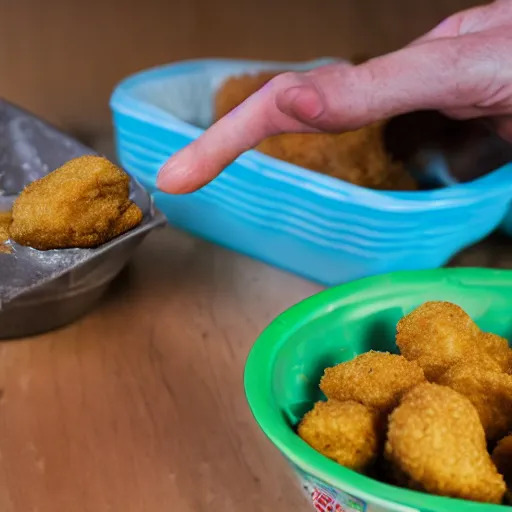 Prompt: rotten human hand picking up a moldy chicken nugget in a bowl of regular chicken nuggets, hd, 4k image